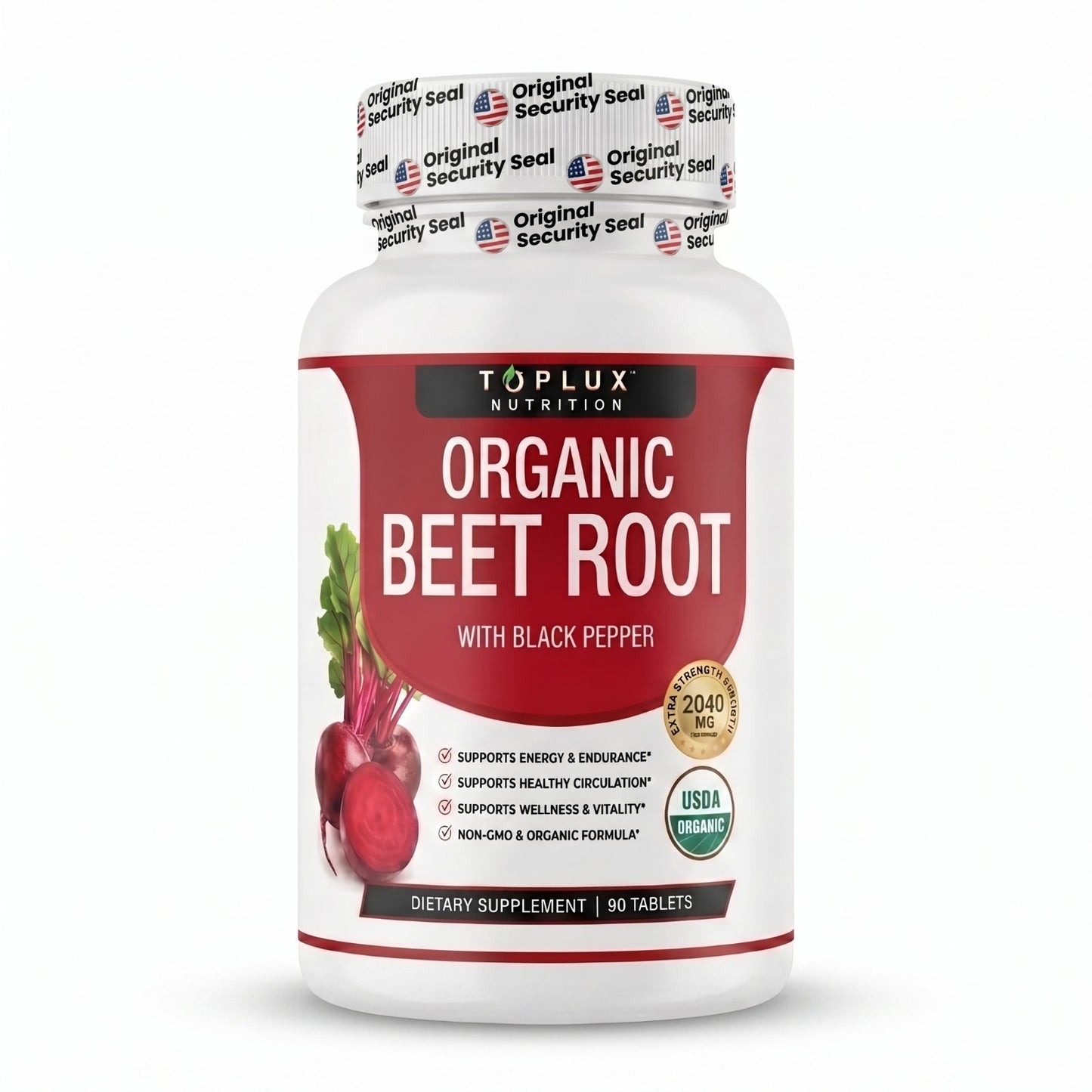 Organic Beet Root Toplux con pimienta negra, frasco de 90 tabletas