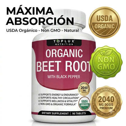 Organic Beet Root · 90 Tabletas de Óxido Nítrico Natural · Energía y Salud Cardiovascular