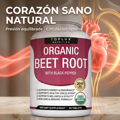 Organic Beet Root · 90 Tabletas de Óxido Nítrico Natural · Energía y Salud Cardiovascular