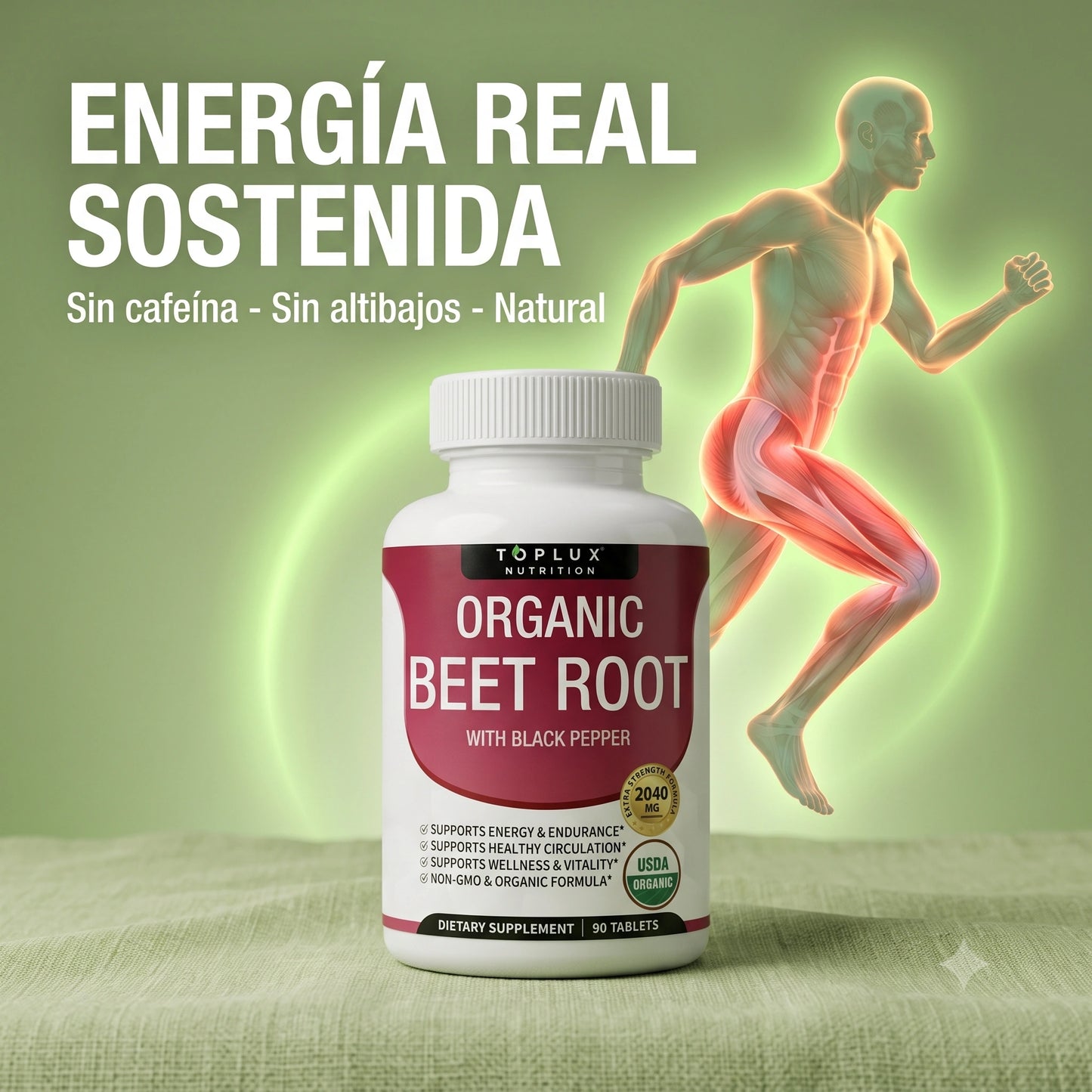 Organic Beet Root · 90 Tabletas de Óxido Nítrico Natural · Energía y Salud Cardiovascular