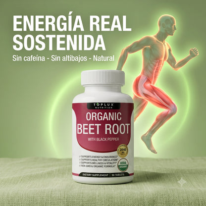 Organic Beet Root · 90 Tabletas de Óxido Nítrico Natural · Energía y Salud Cardiovascular