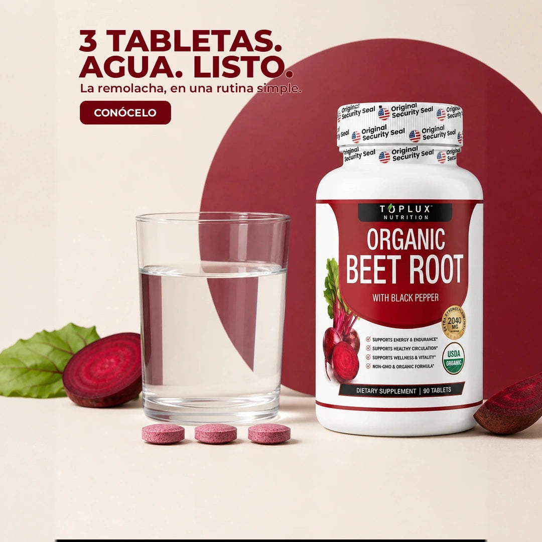 TOPLUX Organic Beet Root — 3 Tabletas. / Agua. Listo.